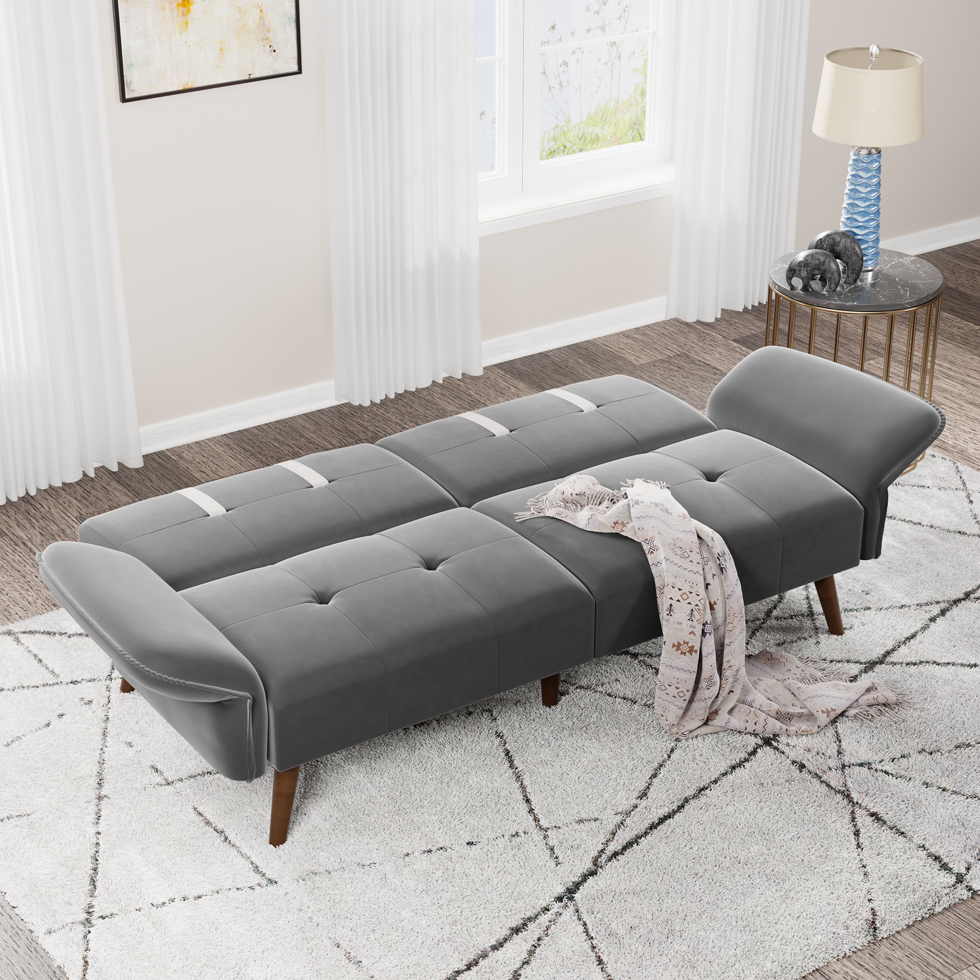 Walsunny 79" Velvet Futon Couch Sofa Bed, Folding Sleeper Loveseat with Adjustable Armrests Backrest Dark Grey - image 2 of 8
