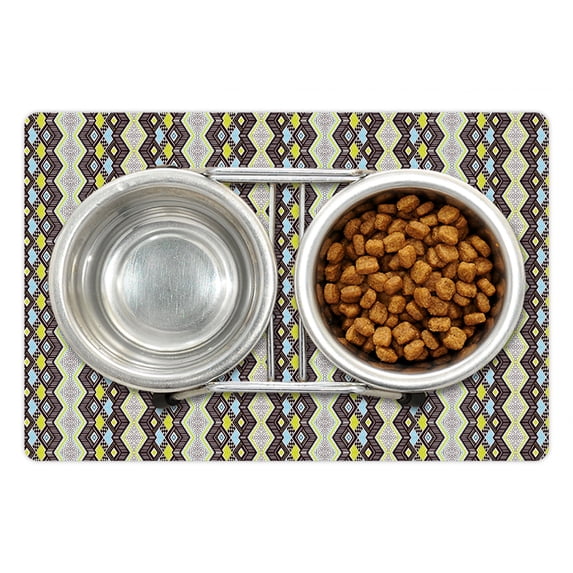 Aztec Pet Mat for Food and Water, Geometric Folklore Ornamental Abstract Zig Zags and Dots Boho Modern, Non-Slip Rubber Mat for Dogs and Cats, 18" X 12", by Ambesonne