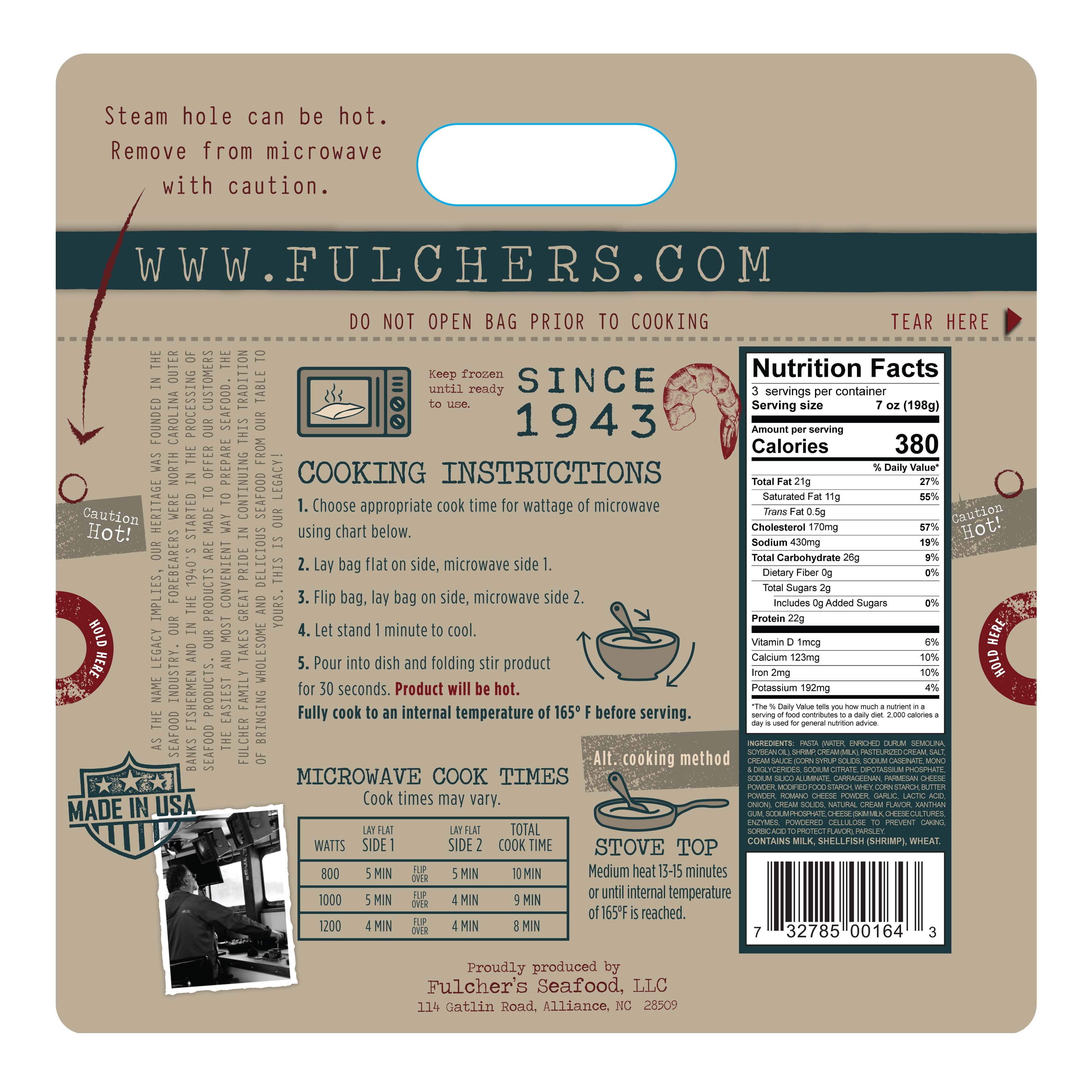 Legacy Foods, Frozen Shrimp Alfredo Steam Bag, Contains: Milk, Shellfish, Wheat, 21oz