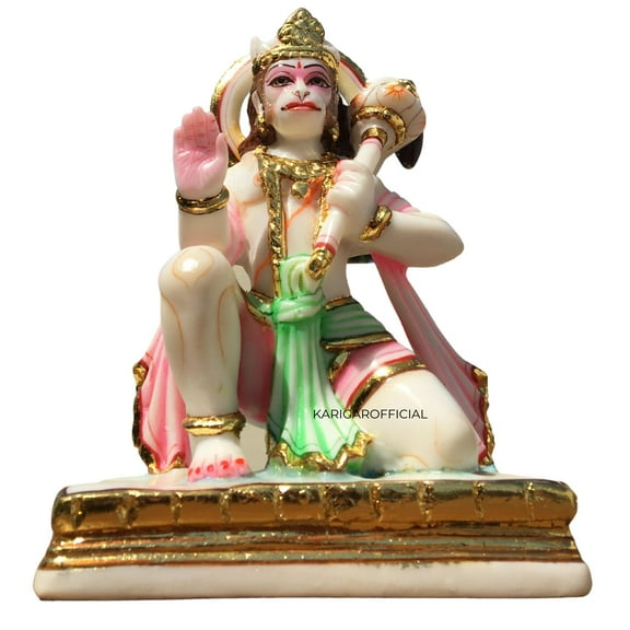 Hanuman Statue, Multicolor 8 inches Hand Painted Marble Blessing Bajrang Bali Figurine, Natural Powerlifter Hindu Monkey god of Devotion, Strength, Bhakti, Perfect for Small Home Temple Decoration