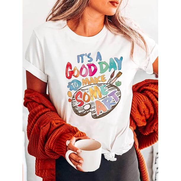 Camiseta de inspiración artística para mujer, de algodón, informal, de cuello redondo y ligeramente elástica, con estampado de letras, largo regular, tejido de punto, ideal para todas las estaciones,
