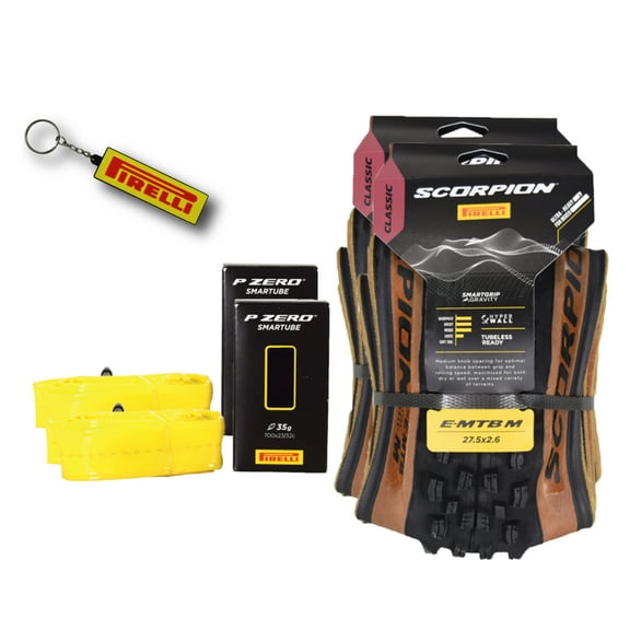 Pirelli Scorpion E-MTB M 65-584 (27.5 x 2.6) MTB Bicycle Tire & SmarTUBE 23/32-622 - Versatile E-Mountain Bike Tire for Trail and Enduro Use, Mixed Terrain, MTB, 120 TPI E-Bike Tires w/Keychain (2Pk)