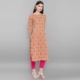 thumbnail image 5 of Janasya Indian Round Neck 3/4 Sleeve Floral Print Brown Cotton Kurta For Women, 5 of 7
