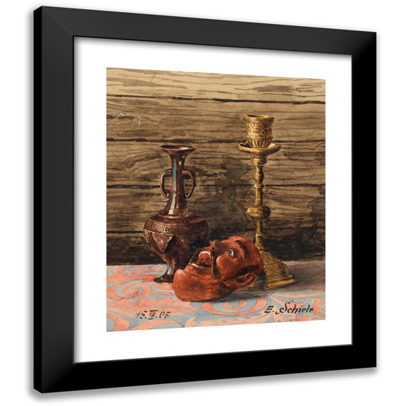 Egon Schiele 12x14 Black Modern Framed Museum Art Print Titled - Still Life with Candlestick, Vase and Mask (1905)