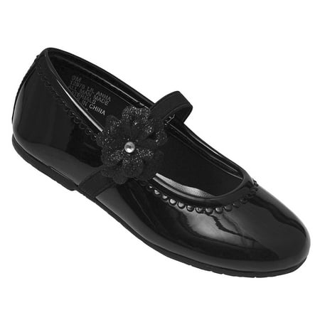 Black Patent Mary Jane Shoes - Girls Black Patent Glitter Flower Elastic Strap Mary Jane Shoes