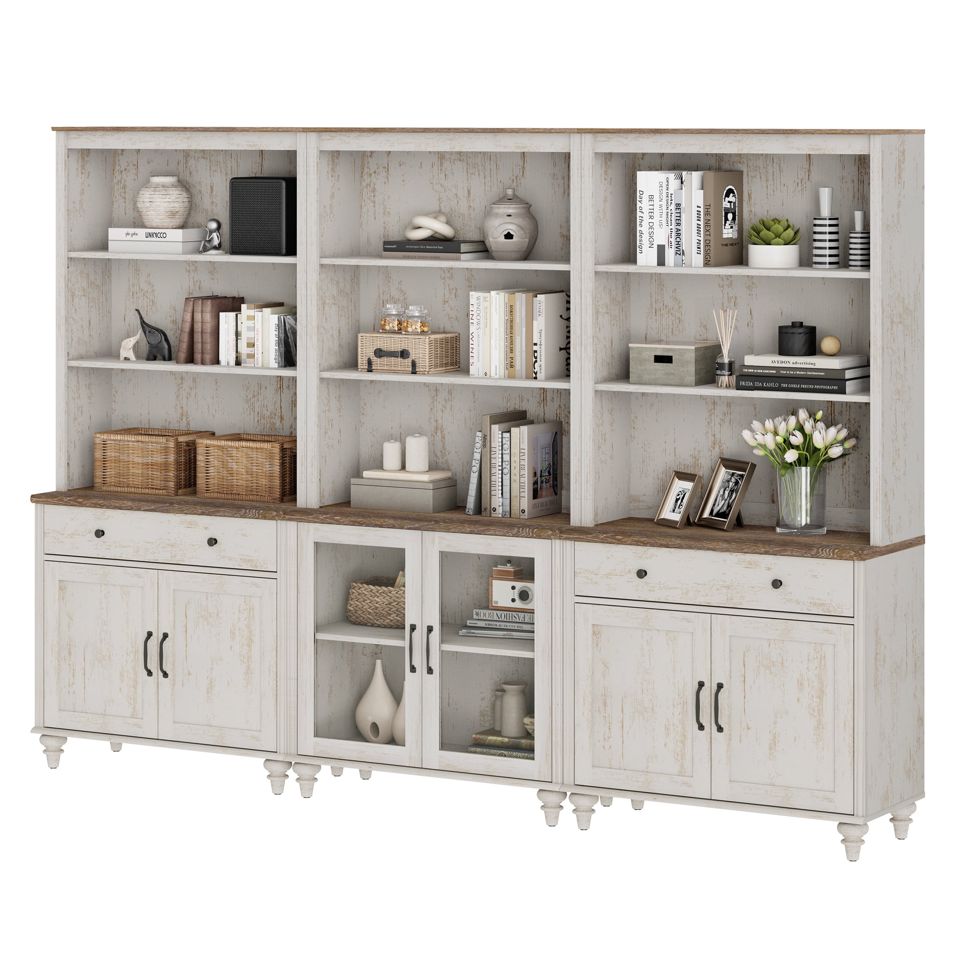 Farmhouse 5 Tier Bookcase With Doors & Drawers, Rustic White, 101.6" W