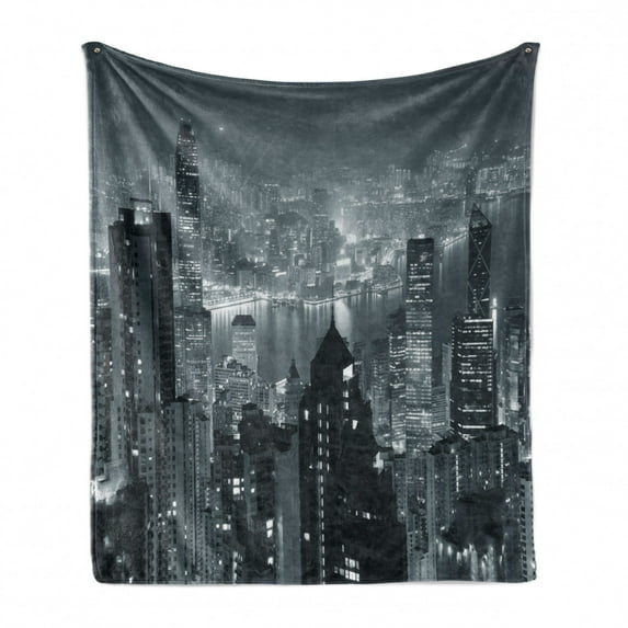 City Soft Flannel Fleece Throw Blanket, Aerial Night of View Hong Kong Skyline Famous Modern Urban Town Metropolis Panorama Image, Cozy Plush for Indoor and Outdoor Use, 60" x 80", Grey, by Ambesonne
