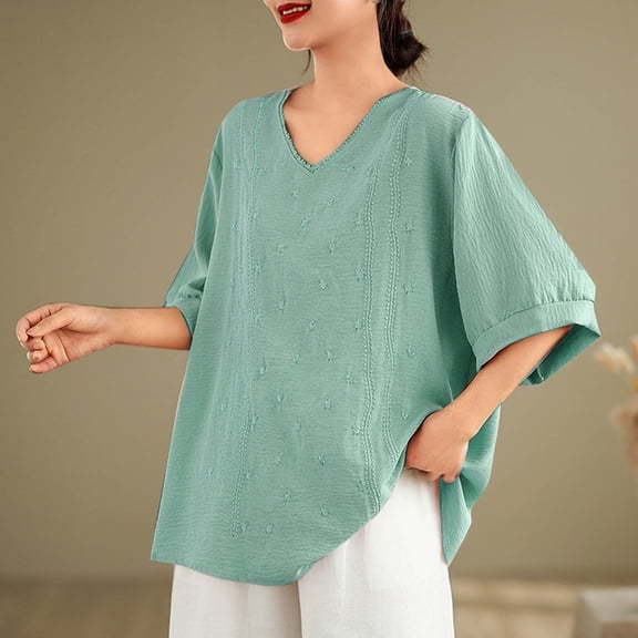 Viluyesy Embroidery 3/4 Sleeves T-Shirt Women Round Neck Shirt Tops Relaxed Cotton Loose Blouse Green Size L