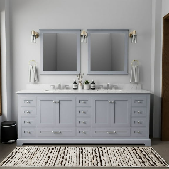 Tybee 84 in W x 22 in D Dark Grey Double Bath Vanity, Carrara Marble Top and 34 in Mirrors
