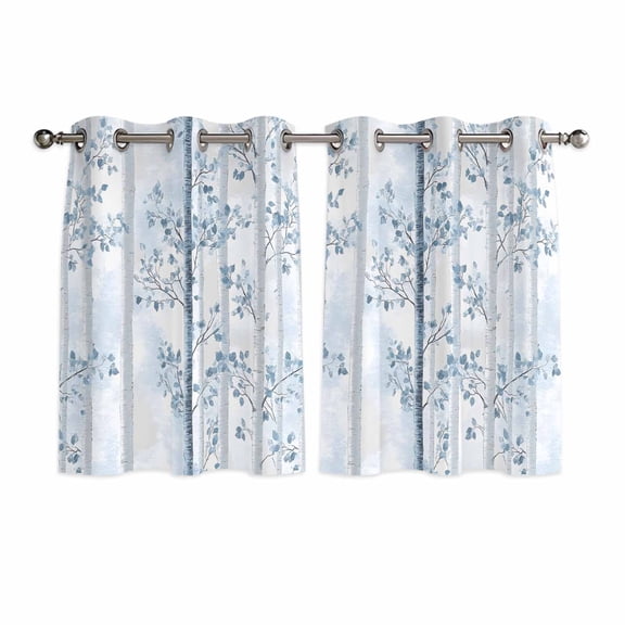 Blue Grey Forest Kitchen Curtains Short 45 Inch Length, Watercolor Blue Ombre Leaves Grommet Top Bedroom Living Room Curtains, Light Filtering Cafe Curtain Drapes 2 Panels Set 84''x45''