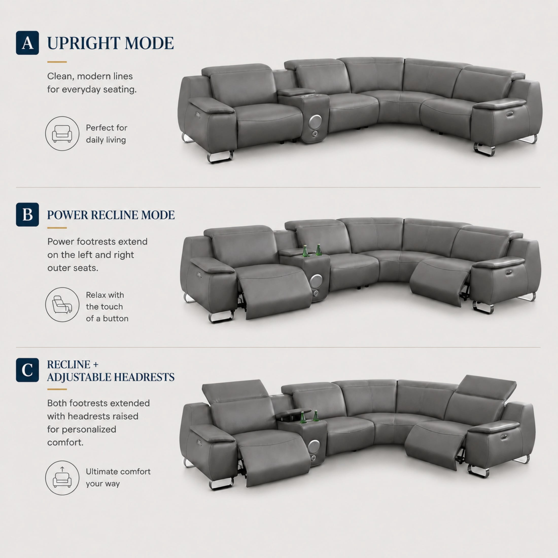 Aenkyo L-Shaped Faux Leather Power Reclining Sectional Sofa with Speaker and Wireless Charging, Gray