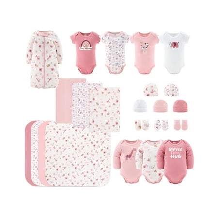 The Peanutshell Newborn Baby Layette Gift Set for Girls, Shower Gift Essentials, Pink Rainbow Safari Animals