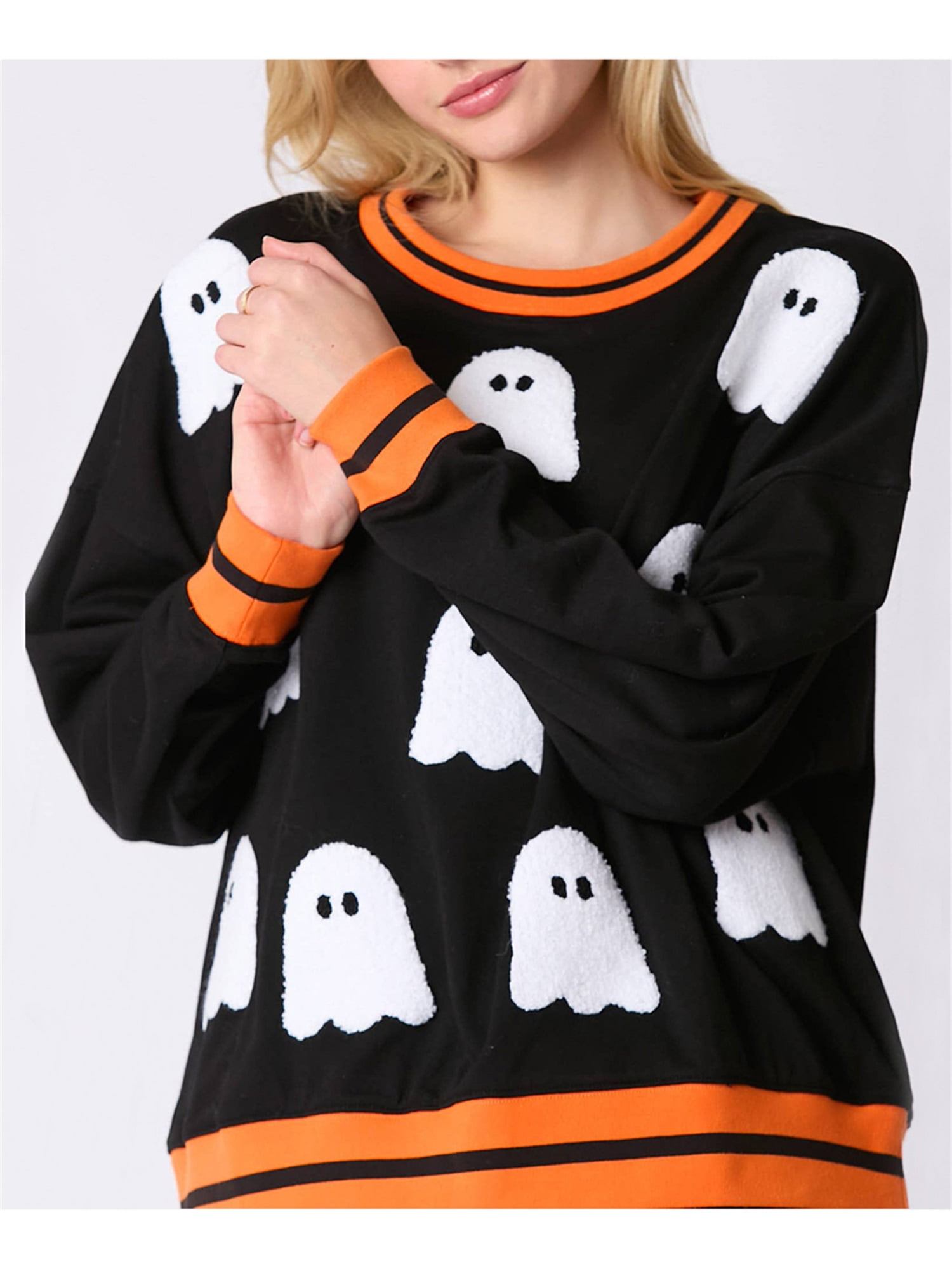Sweat à Capuche Halloween Femme - Coupe Oversize, Motifs Fantômes/citrouilles - 50% Coton 50% Polyester - Polaire Douce