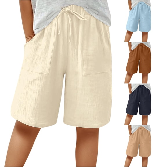 XIAONU Womens Solid Bermuda Shorts Drawstring Waist Side Pockets Bottoms