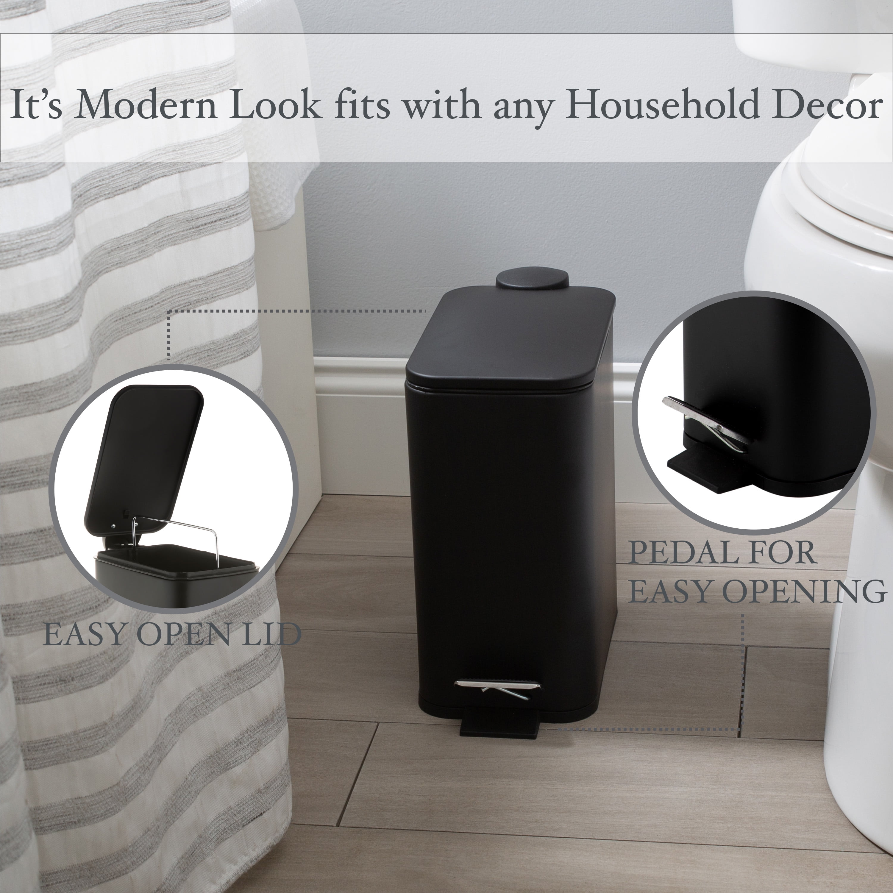 Simplify 2 Pack Slim Rectangular 5 Liter Pedal Iron Wastebasket with Soft Close Lid in Black