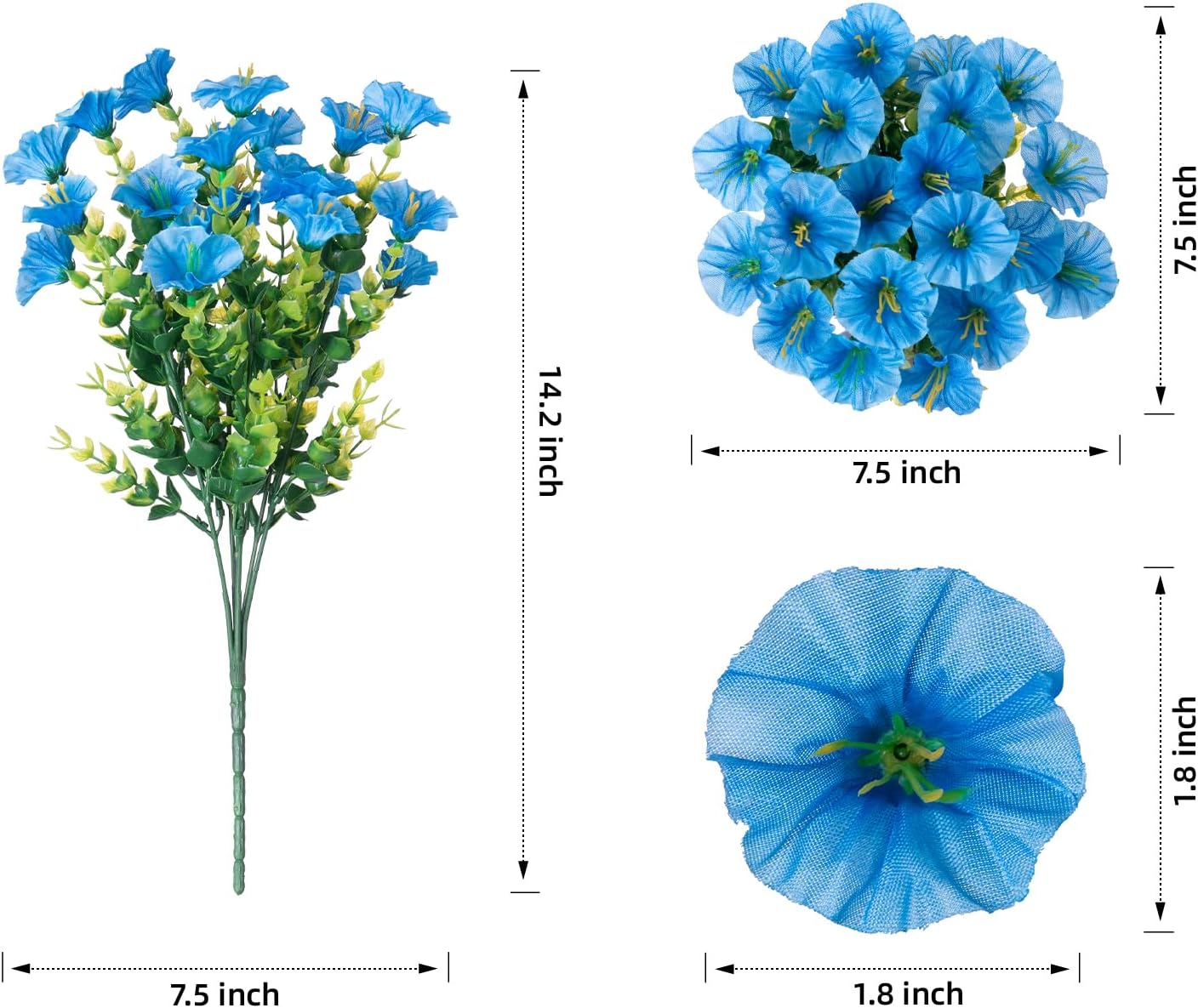 Artificial Fake Outdoor Plants Flowers for Summer Decoration, 12 Bundles Silk Blue Morning Glory Eucalyptus Realistic UV Resistant Faux Flowers for Outside Planter Front Door Porch Garden Yard Patio