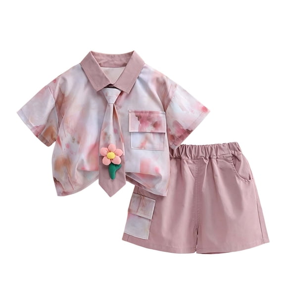Qingpeng Kids Summer Tie Dye Short Sleeve Shirt With Necktie And Pocket Shorts Matching Outfit Set for Kids