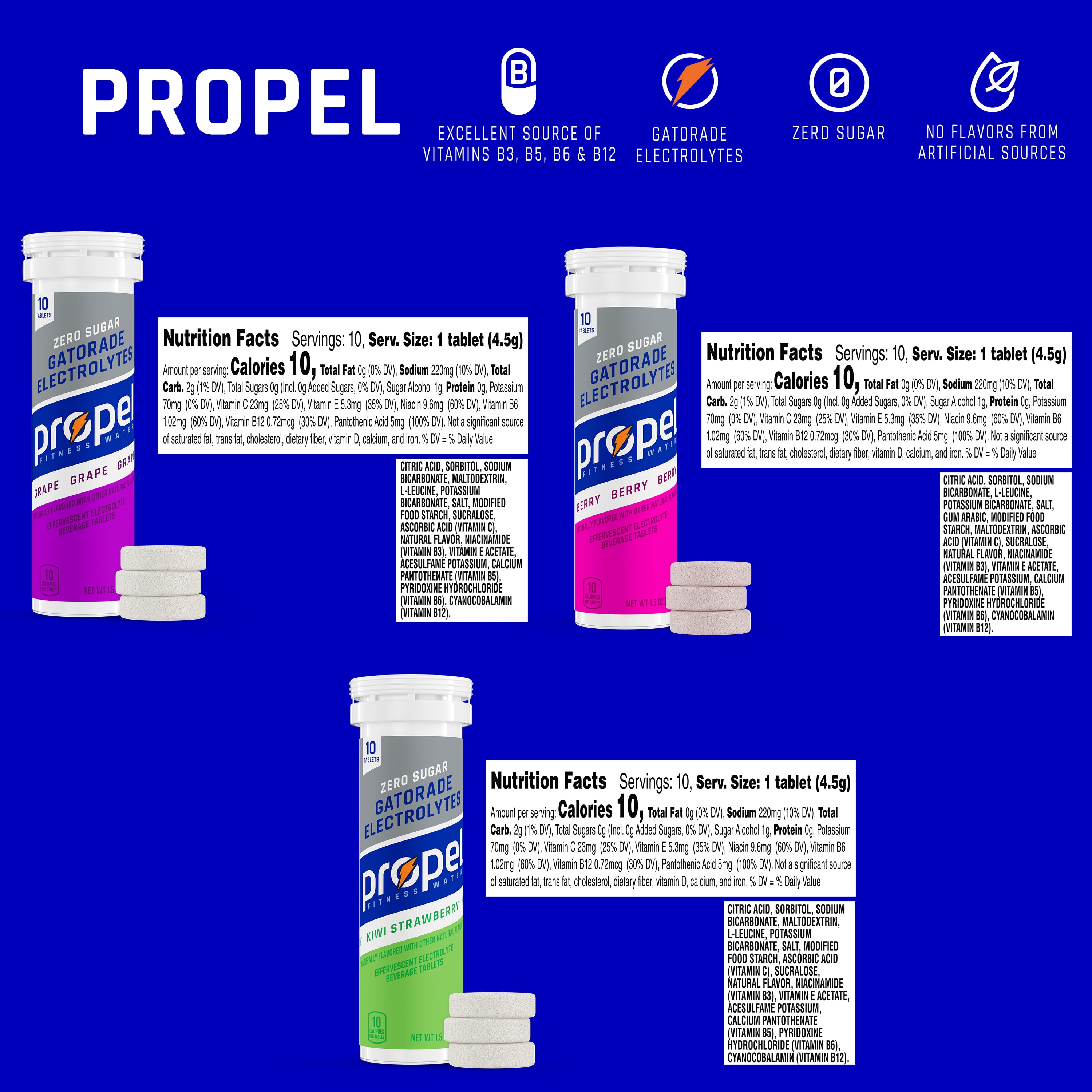 Propel Drink Mix Tablets, Variety Pack, 1.5 oz, 40 count