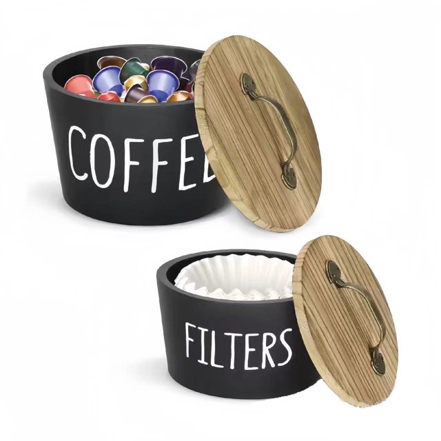 EcoNesxp Coffee filter holder with lid Durable and long lasting set of two metal and bamboo coffee filter containers