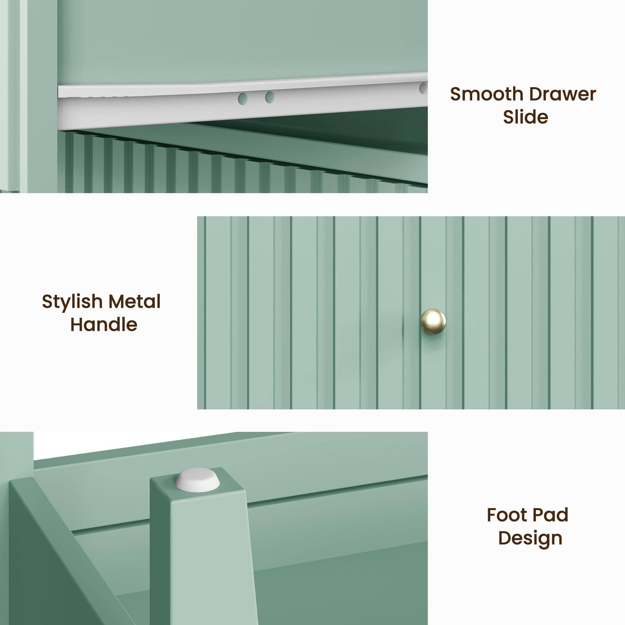 Heynemo Green Fluted Nightstand with 2 Drawers Set of 2, Modern Wooden Sofa Table for Small Spaces, Tall End Table for Bedroom, Living Room