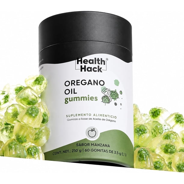Aceite de Orégano Gomitas Health Hack con Granada y Uva Veganas Sin Azúcar Sabor Manzana 60 Gomitas