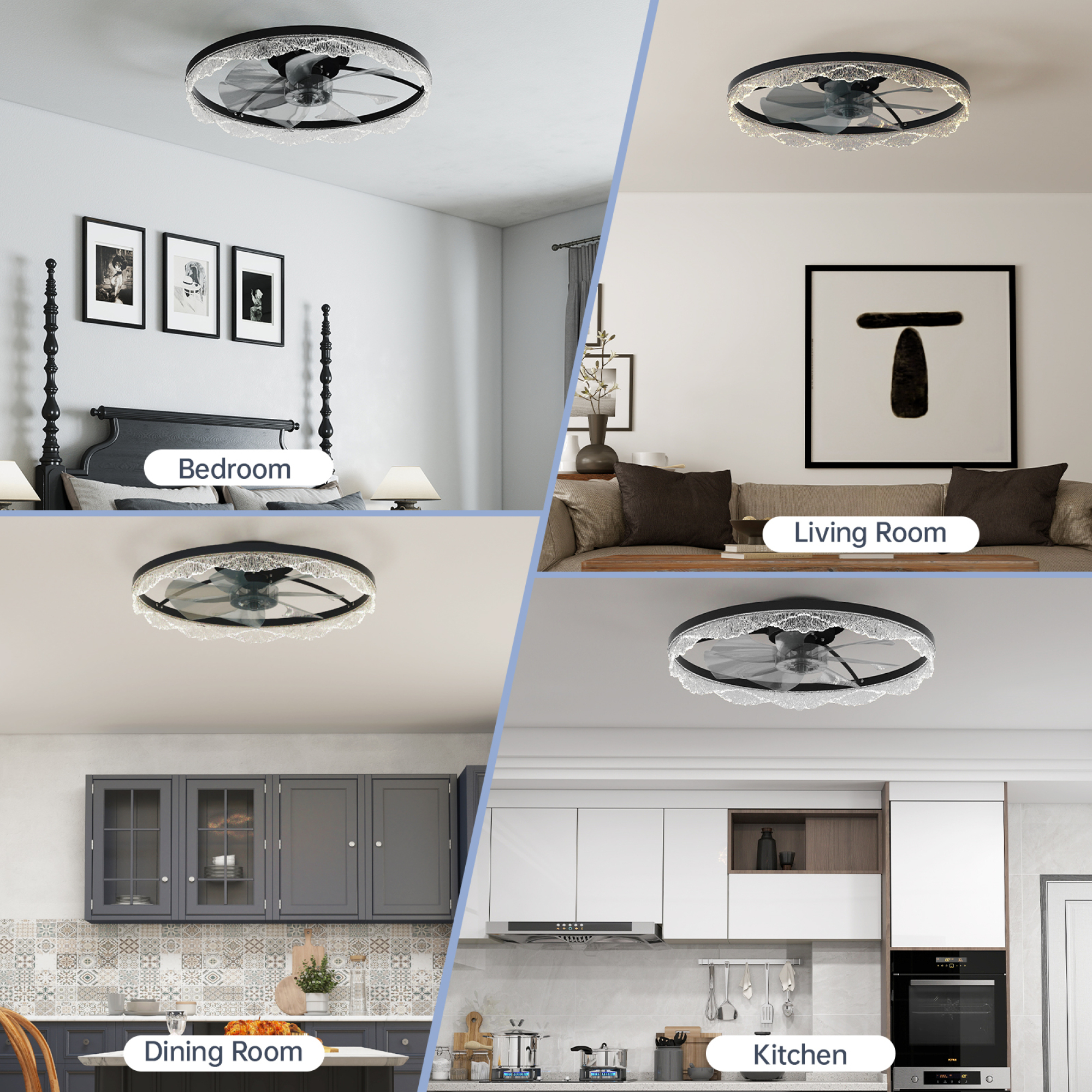 Leumius 24" Decorative LED Ceiling Fan Light, Modern Flush Mount with Acrylic Ring, Hidden Blades, Remote Control and Dimmable Light for Bedroom, Kids Room, Study Room (Black)