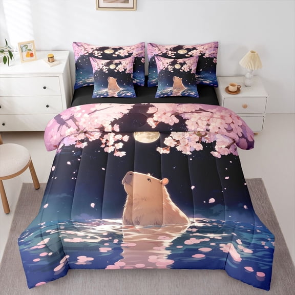 Manfei Kawaii Capybara 7-Piece Twin Bedding,Cartoon Flowers Print Bedding Comforter Set,Pink Blue,Black Reversible