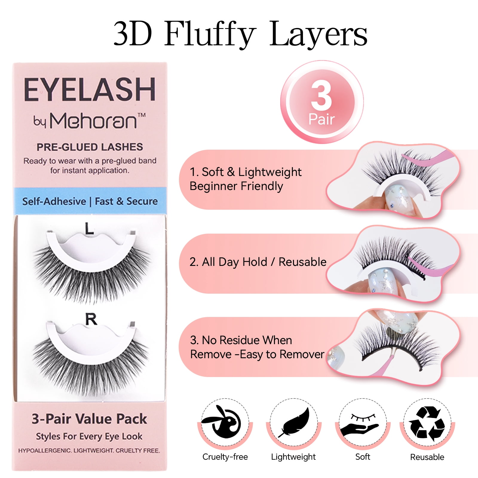 MEHORAN 3 Pairs False Eyelashes with Adhesive, Fluffy Self Adhesive False Lashes, Reusable Full Volume Strip Lashes, Lightweight & Washable, Strips 8-14mm