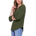 thumbnail image 4 of INSPIRAR CHIC Camisa de botón con cuello en V para mujer, con mangas 3/4 y detalles plisados, blusa casual XL Verde ejército, 4 of 6