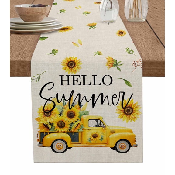 Ldtrchee Summer Sunflower Table Runner 72 Inches, Yellow Truck Botanical Rustic Bed Runner Dresser Scarves Tabletop for Indoor Outdoor Parties/Ceremony/Banquet, 16" x 72"
