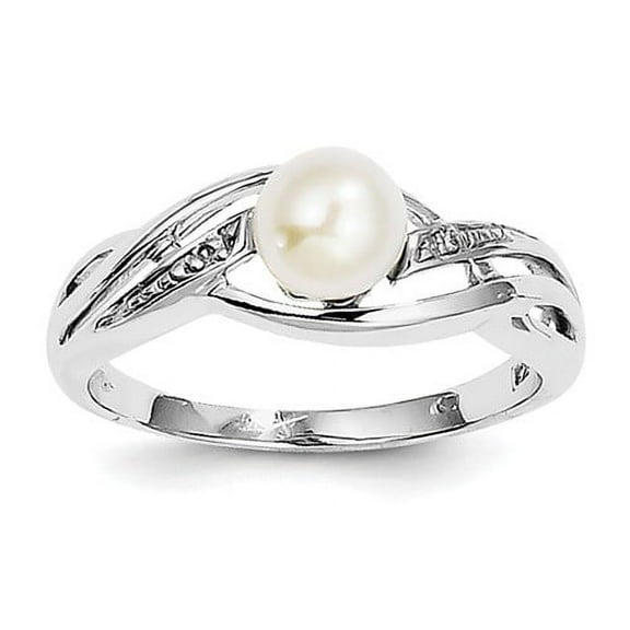 925 Sterling Silver Polished Rhodium Plated Diamond and Freshwater Cultured Pearl Ring Size 8 2mm Wide Ring for Women