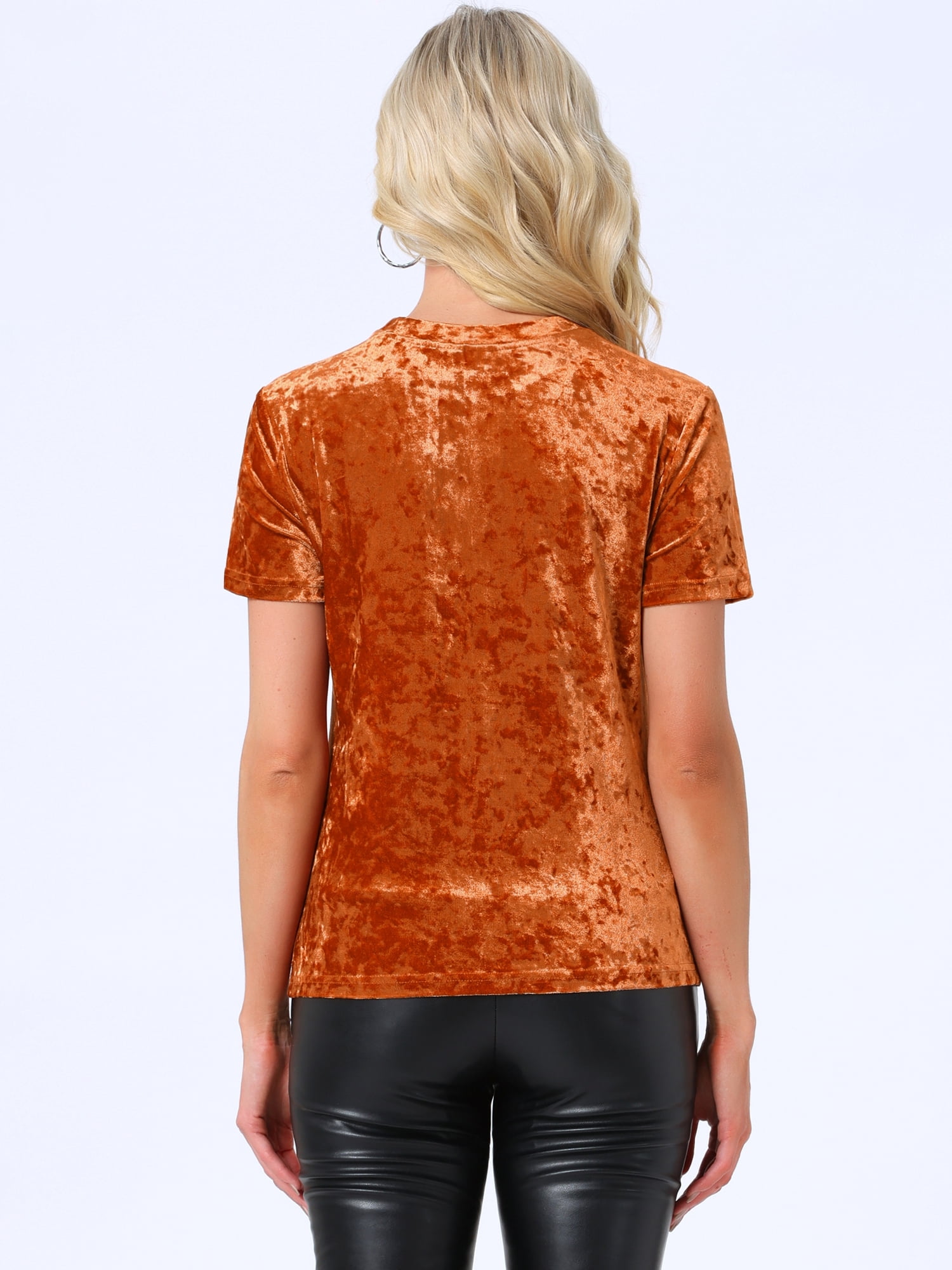DARING DIVA Women's Christmas Velvet Top Crew Neck Short Sleeve T-Shirt M Orange Coffee