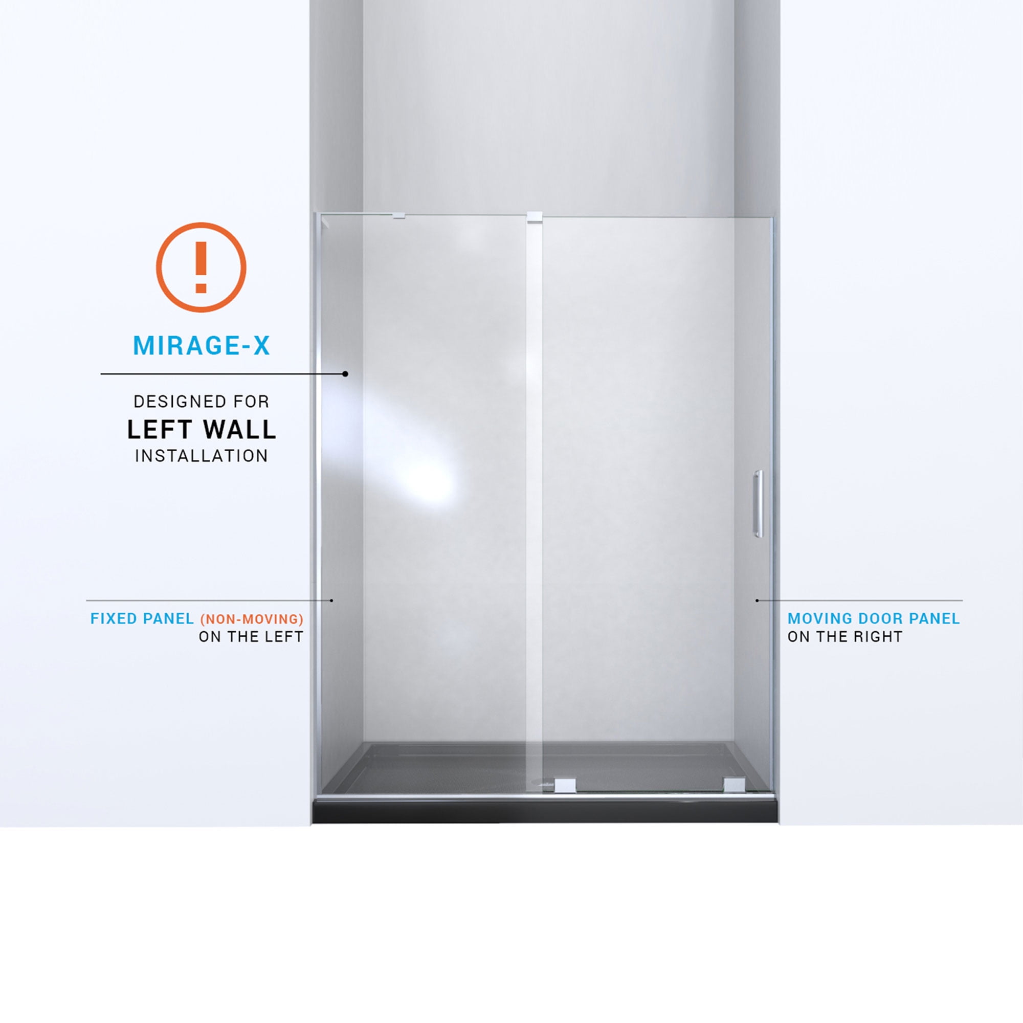 DreamLine Mirage-X 55 - 59 inch W x 71 inch H Frameless Sliding Shower Door in Chrome; Left Wall Installation