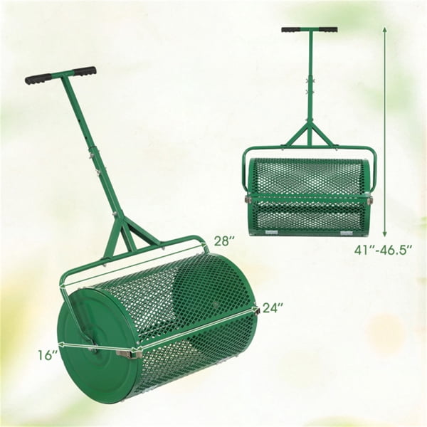 imerelez 24 inch Compost Spreader for Lawn, Lightweight Metal Mesh Lawn with 0.75"×0.5" Mesh for Topdressing & Seedling, Fertilizer Topsoil Peat Moss Spreader Roller, Garden Yard Care (Green)