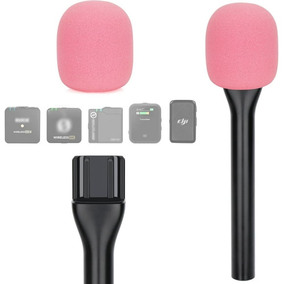 wqlpp-Interview Microphone Handle, Interview GO Handheld Adapter with Pop Filter for RODE Wireless GO II, Wireless PRO, Wireless ME, DJI MIC 2, Convenient for Outdoor Recording (Pink Foam)
