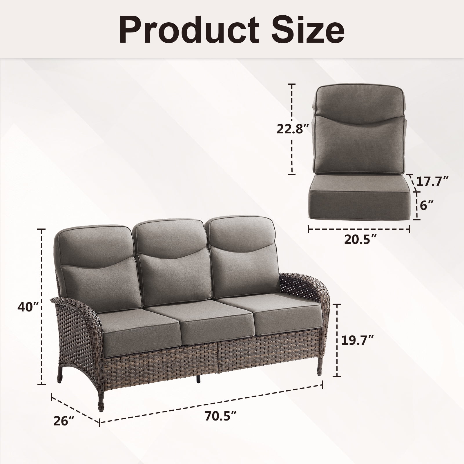 POCASSY 6-Inch Thick Cushion High Back Outdoor Wicker Patio Sofa, All Weather Brown Wicker Furniture 3-Seater Sofa Patio Couch for Porch Balcony Deck, Gray Cushion