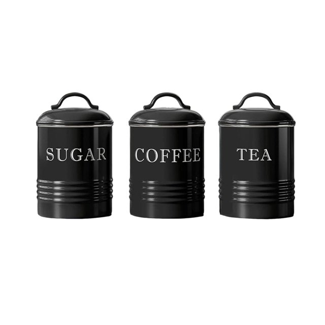 3x juego de almacenamiento de cocina, botes de azúcar para té y café, lata de almacenamiento de Metal, tarros de almacenamiento de cocina para Negro