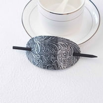 Oval Faux Leather Hair Clip with Wood Stick - Retro Hair Slide Pin for Ponytail Women Girls Accessory