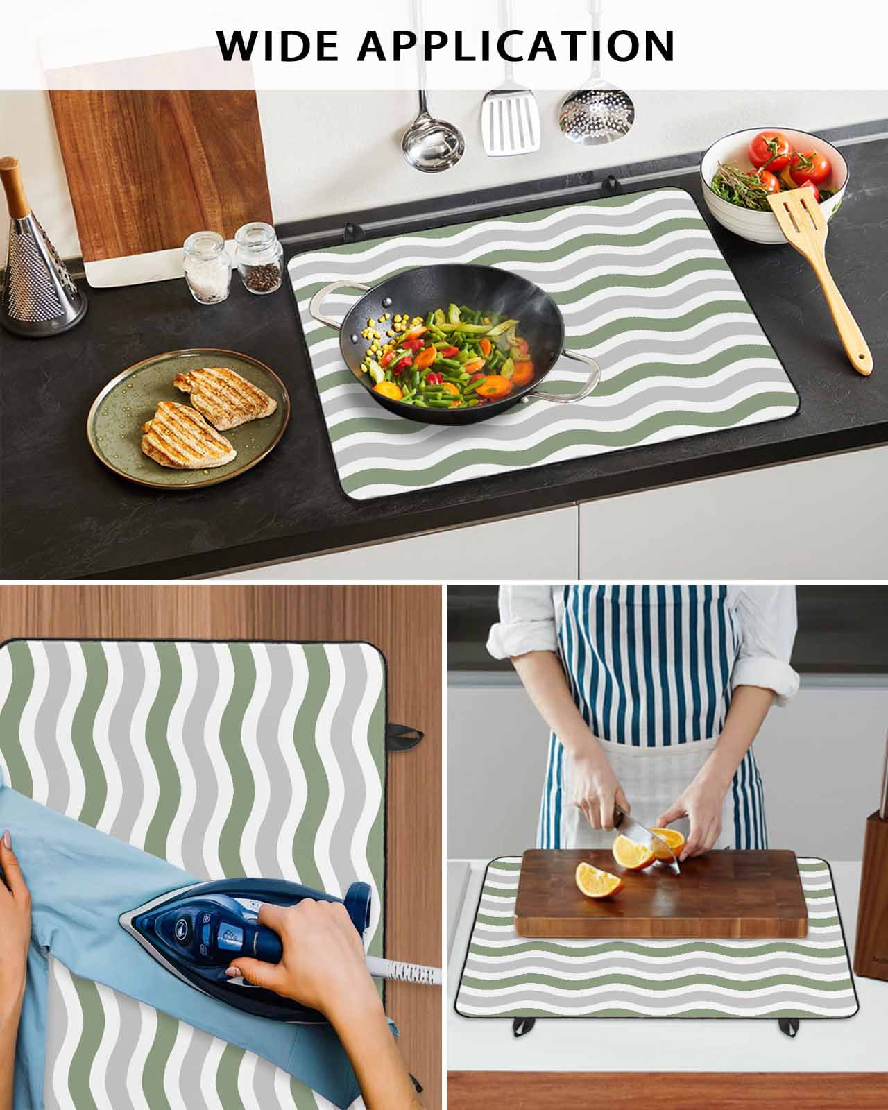 nqOlkjepod Large Induction Cooktop Protector Mat 24"x21", Sage Green Grey Stove Top Covers for Electric Stove, Abstract Geometric Ocean Wave Stripe Stove Burner Cover Mats, Glass Top Stove Cover