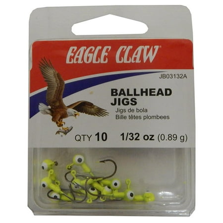 - Eagle Claw Double Eye Ballhead Jig Chartreuse Size 1/32 oz Pack of 10, JB03132AH