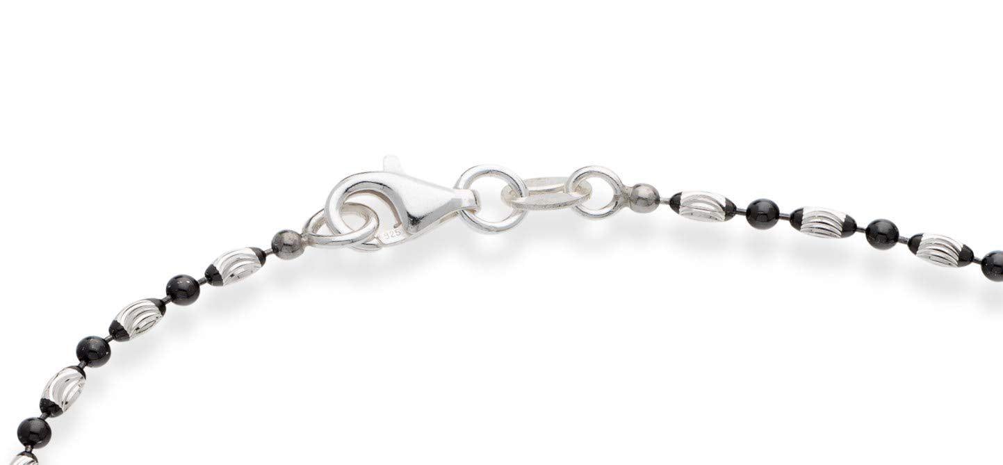 Miabella 925 Sterling Silver Diamond-Cut Oval and Round Bead Ball Chain Anklet Ankle Bracelet for Women, Made in Italy (black-rhodium-silver, Length 11 Inches)