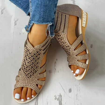 

HIBRO Women s Ladies Fashion Vintage Crystal Outdoor Hollow Out Zip Up Sandals Shoes