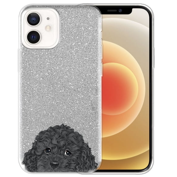 FINCIBO Silver Glitter Case, Sparkle Bling TPU Cover for Apple iPhone 12 / 12 Pro 6.1" 2020 (NOT FIT Apple iPhone 12 Pro Max 6.7" 2020/iPhone 12 mini 5.4" 2020), Black Toy Poodle Dog