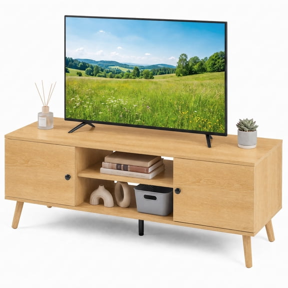EDX Retro-Modern TV Stand, Mid-Century Media Console with Soft-Close Cabinets & Adjustable Shelves, Engineered Wood TV Cabinet for 50-65 Inch TVs, Natural