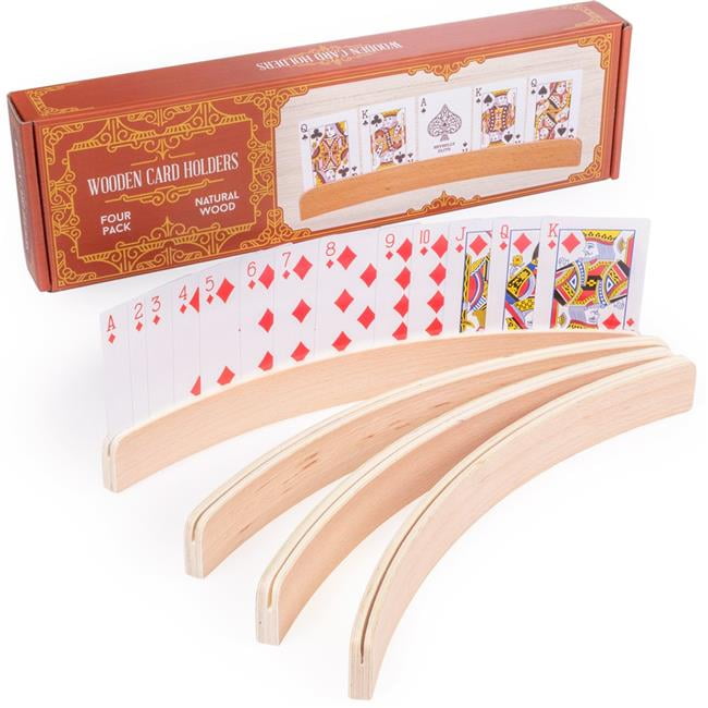 13 Inch Set of 4 Curved Wooden Playing Card Holders in Natural Wood Finish 