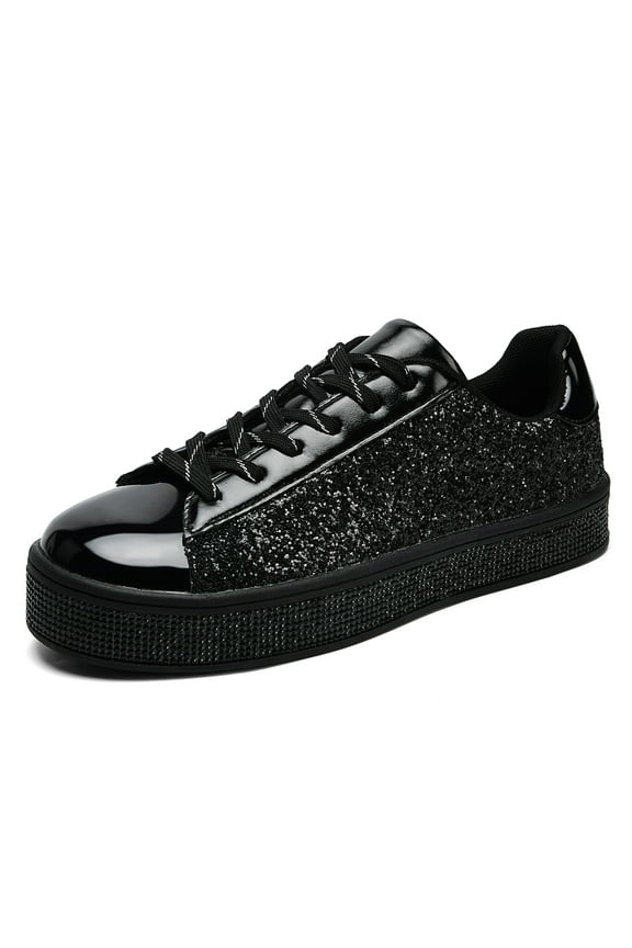 Women's Glitter Tennis Sneakers Neon Dressy Sparkly Sneakers Rhinestone Bling Wedding Bridal Shoes Shiny Sequin Shoes Black Size 6