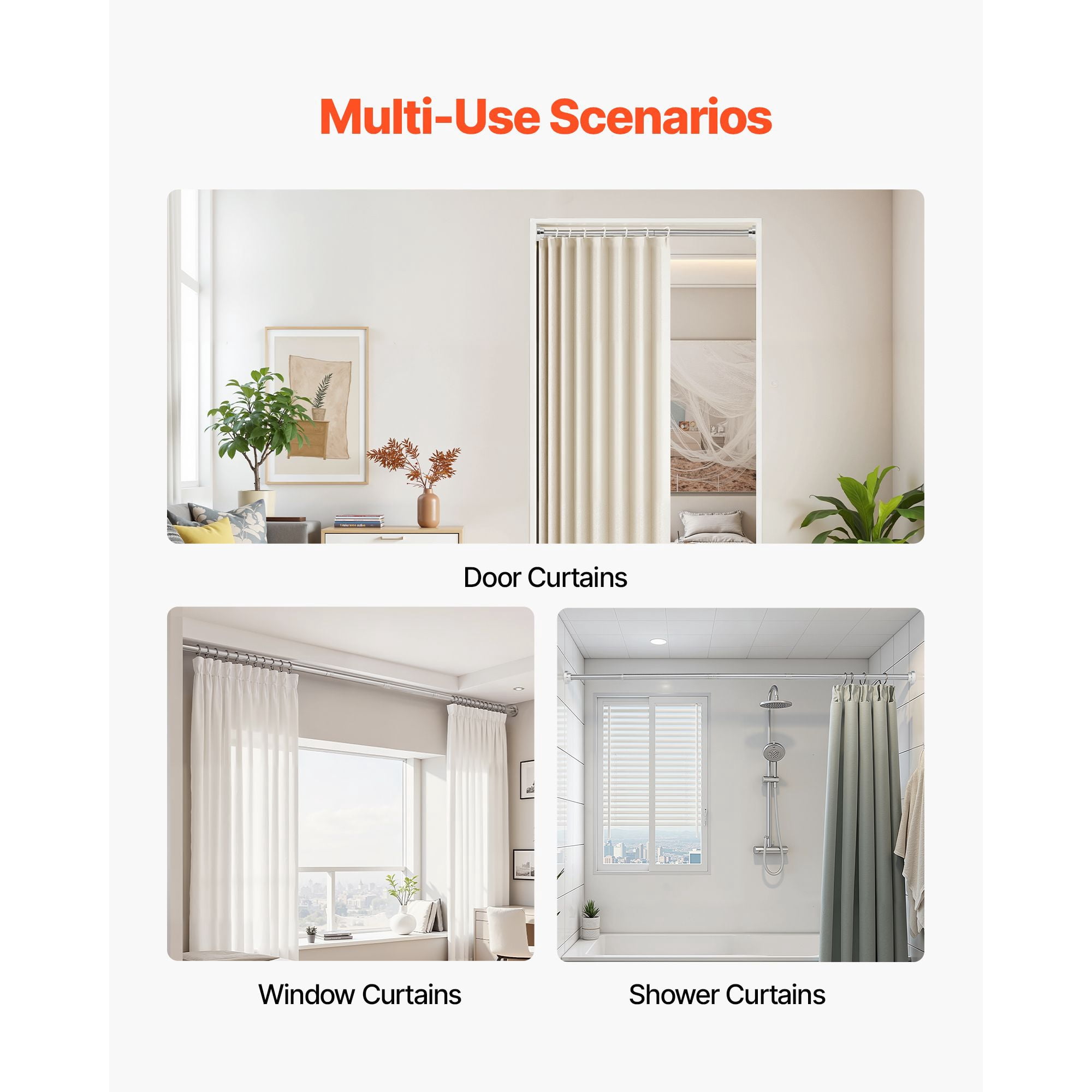 Tension Shower Curtain Rod, 28-76 Inch Adjustable Stainless Steel, 53 lbs Load Capacity with Brackets, Drill-Free Installation, Rust-Resistant for Bathroom
