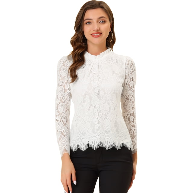 BluFloral Con Cuello De Volantes Y ManLarCon Encaje Superior PaMujer Blanco 3XL