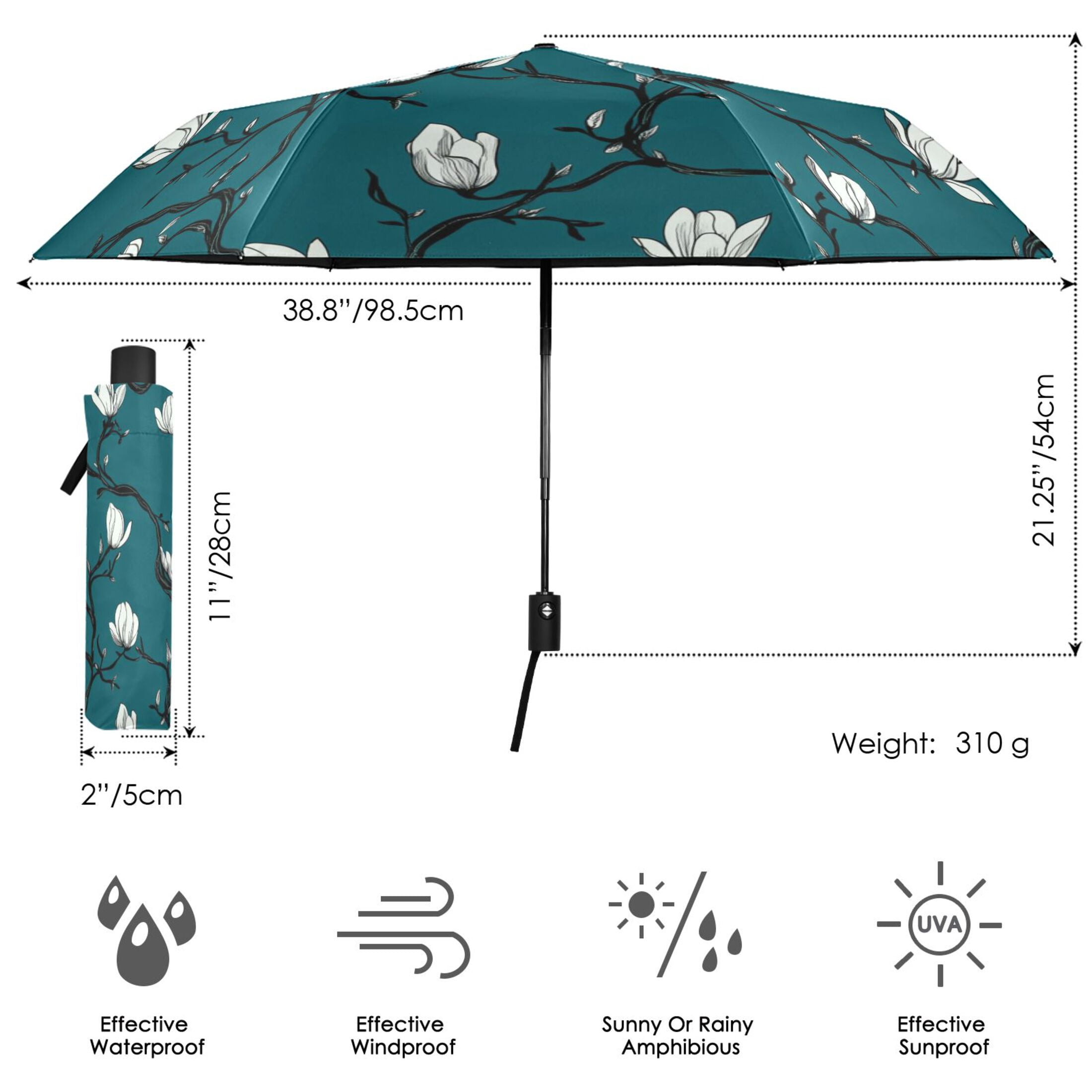 Flowers Magnolia Buds Folding Umbrella UV50+ Waterproof Sun Protection Auto Open Close Compact Fiberglass Frame