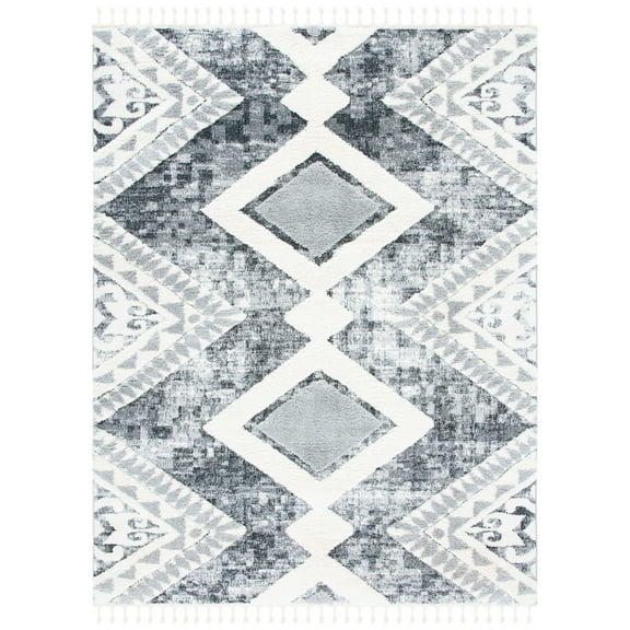 SAFAVIEH Moroccan Tassel Bronte Geometric Shag Area Rug, Grey/Ivory, 9' x 12'